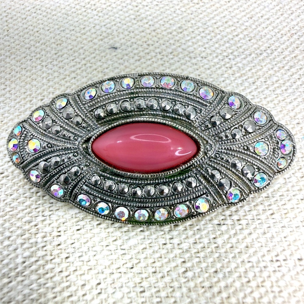 Art Deco Style‎ Brooch Pink Cabochon Aurora Borealis Rhinestone Silver Tone